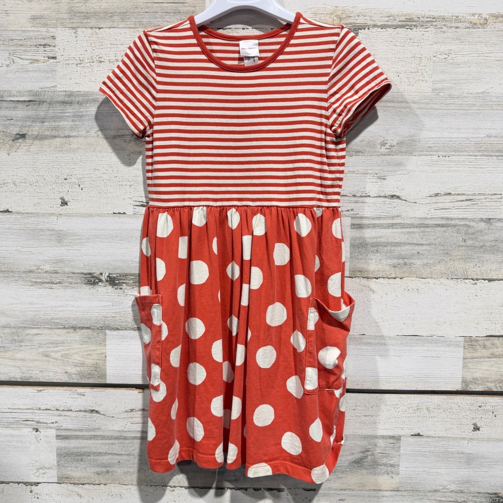Hanna Andersson Dress Girls 10 Orange Striped Polka Dot Pocket Play Scandi GUC